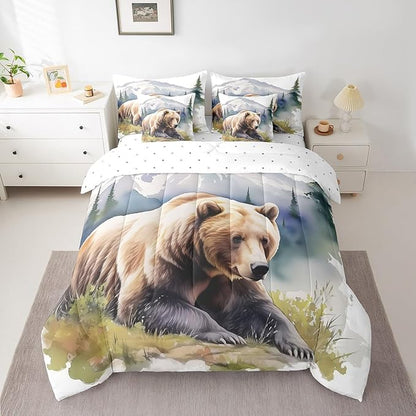 Erosebridal Brown Bear Twin Comforter Set for Boys Rustic Wildlife Theme Bedding Bed in A Bag, Farmhouse Cabin Decor Bed Set Bedroom Decor 7 Pieces for Kids Teens Youth