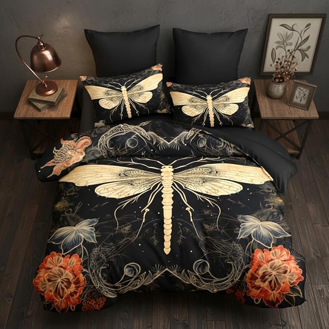 Black Boho Moth Comforter Set Full Size, Gothic Horror Bedding Set, 3 Pcs Soft Microfiber Down Alternative Comforter with 2 Pillowcases, 79"x90"