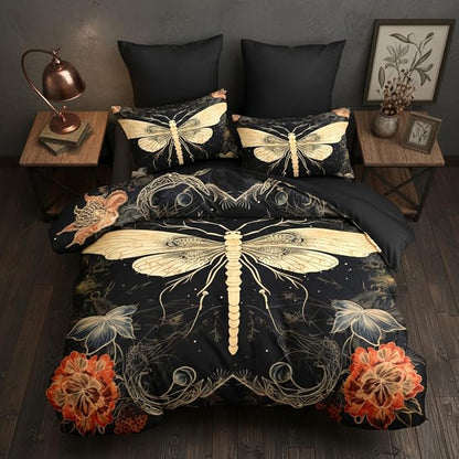 Black Boho Moth Comforter Set Full Size, Gothic Horror Bedding Set, 3 Pcs Soft Microfiber Down Alternative Comforter with 2 Pillowcases, 79"x90"