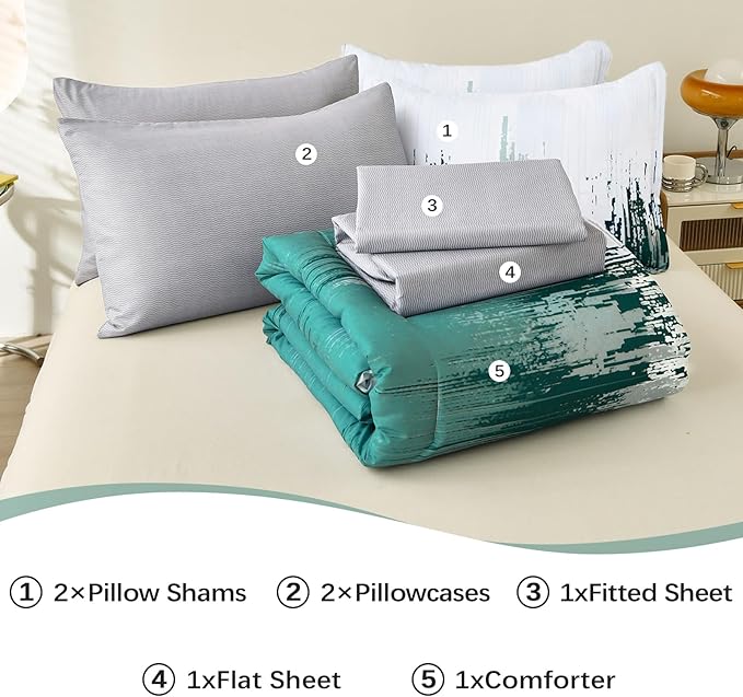 WONGS BEDDING Comforter Set Queen,Aqua 7 Pieces Bed in a Bag Colorful Abstract Art Gradient Comforter Microfiber Bedding Set,1 Comforter, 1 Flat Sheet, 1 Fitted Sheet, 2 Pillow Shams,2 Pillowcases