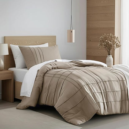 Twin Size Comforter Set Khaki, 2 Pieces Bedding Set, Ultra Soft Prewashed Bed Set, Pinch Pleat All Seasons Lightweight Comforter and Sham