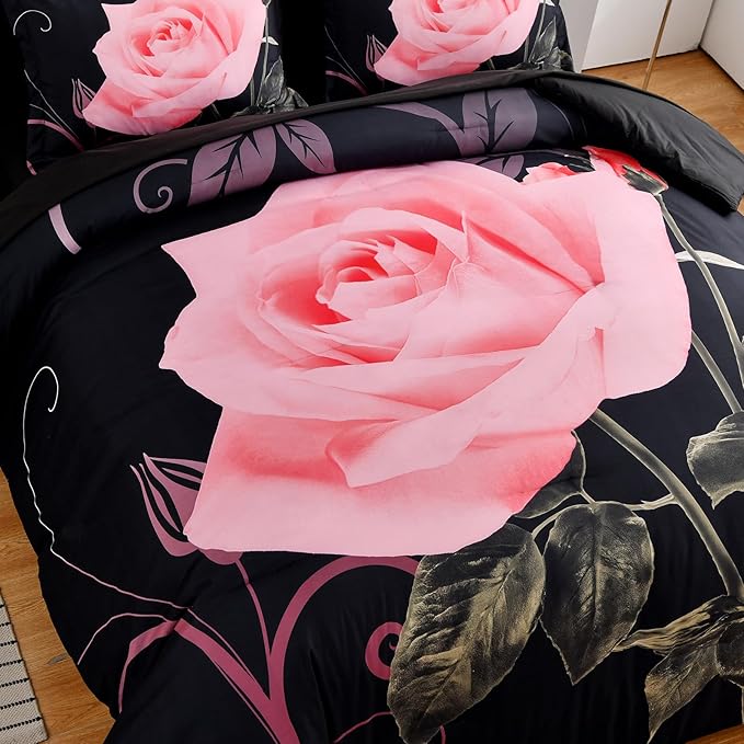 Xruibed Blush Comforter Set Queen 7 Piece Bed in a Bag Blush Rose Flower Comforter with Sheet Set Soft Micorfiber Bedding Set (1 Comforter,2 Pillow Shams,1 Flat Sheet,1 Fitted Sheet,2 Pillowcases)