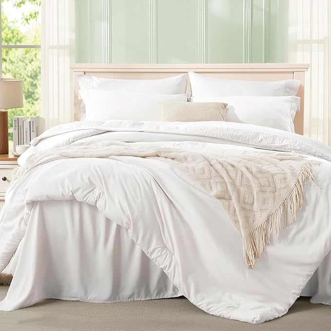 Anluoer White King Comforter Set 7 Pieces, Bed in a Bag with Sheets, All Season Bedding Sets with 1 Comforter, 2 Pillow Shams, 2 Pillowcases, 1 Flat Sheet, 1 Fitted Sheet