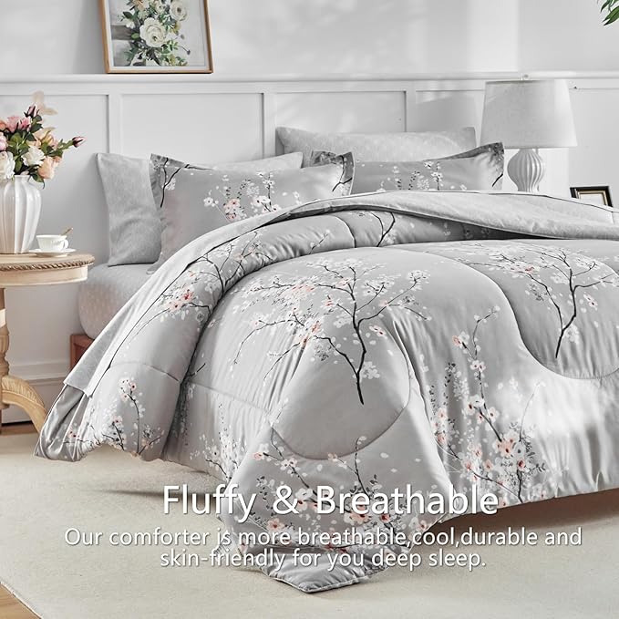 AIKASY Bed in a Bag 7 Pieces Queen Size - Floral Print - Soft Microfiber, Reversible Bed Comforter Set (1 Comforter, 2 Pillow Shams, 1 Flat Sheet, 1 Fitted Sheet, 2 Pillowcases)（Grey, Queen）