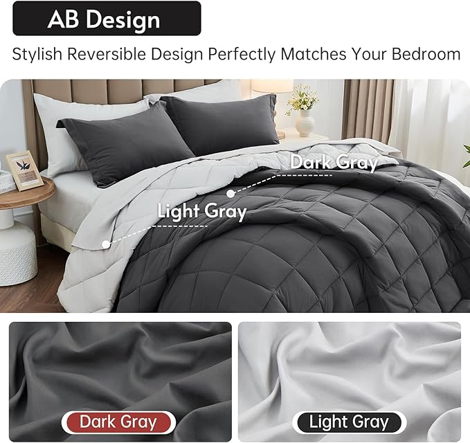 MUXHOMO 5 Pieces Twin XL Comforter Set, Reversible Bed in a Bag Twin XL Size, All Season Bedding Set with Comforter, Flat Sheet, Fitted Sheet, Pillowcases & Shams, Dark Grey & Light Grey