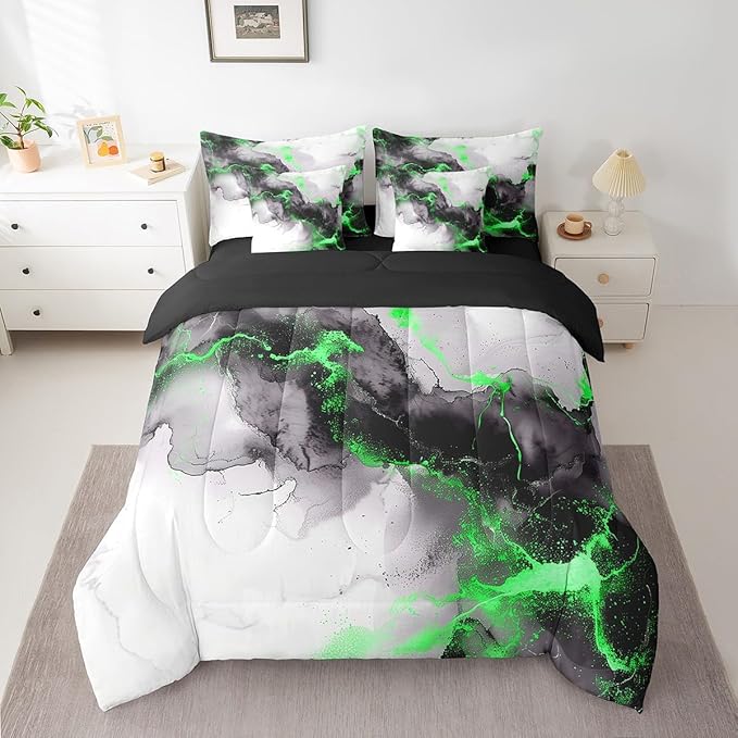 Black and Green Marble King Comforter Set 7-Piece Modern Marbling Bedding Comforter Sets, Mountain Fluid Bed in a Bag Grey Aesthetic Bedding Set, Abstract Art Bed Sheets Set Boys Girls Room Decor
