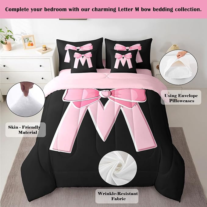 jejeloiu Kawaii Pink Bow Queen Comforter Set with Sheets,Gifts for Women Teen Girl,Personalized Initial Letter M 7 Piece Bedding Set,Soft Monogrammed Bed in a Bag with Comforter,Sheets,Pillowcases