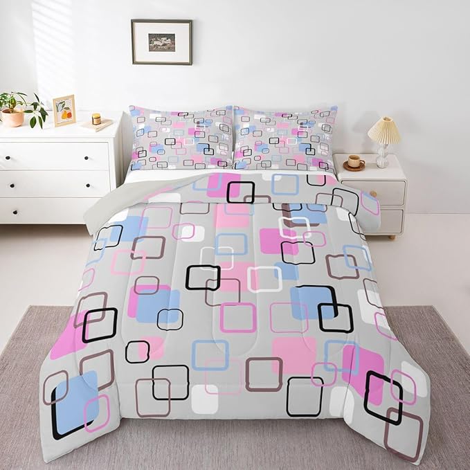 Erosebridal Pink Blue Geometric Square Comforter Set Full Modern Abstract Striped Bedding Set Pastel Plaid Grid Comforter for Kids Girls Boys Aesthetic Gingham Checkered Quilt Duvet