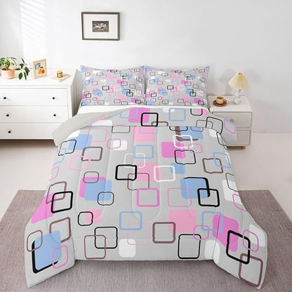 Erosebridal Pink Blue Geometric Square Comforter Set King Modern Abstract Striped Bedding Set Pastel Plaid Grid Comforter for Kids Girls Boys Aesthetic Gingham Checkered Quilt Duvet