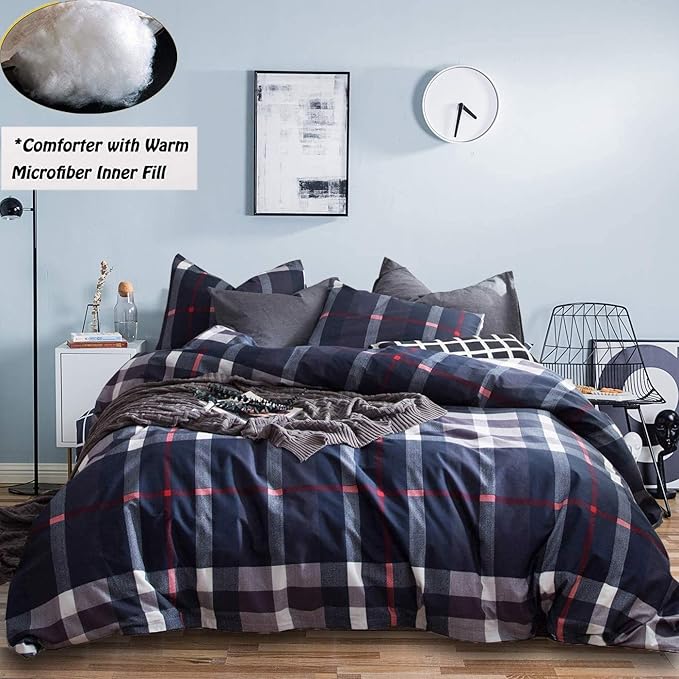 Houseri Navy Blue Plaid Comforter Sets Twin for Boys Deep Blue Buffalo Checkered Bed Sets Dark Color Grid Bedding Kids Teen Girls College Multicolor Checks Gingham Dorm Bedding Twin Size
