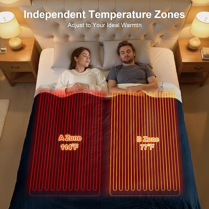 Queen Size Heated Blanket - Dual Control Electric Blanket Queen with 5 Heating Levels, 10 Hours Auto Off, Overheat Protection, Washable Flannel Sherpa Heating Blanket, 84 x 90 Inch, Navy