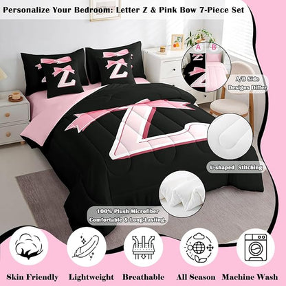 jejeloiu Kawaii Pink Bow Full Comforter Set with Sheets,Gifts for Women Teen Girl,Monogrammed 7 Piece Bedding Set,Soft Personalized Initial Letter Z Bed in a Bag with Comforter,Sheets,Pillowcases