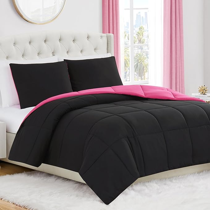 Juicy Couture Reversible Box Stitch Comforter Set, 3-Piece King – Hot Pink/Black – Glam Bedding Set