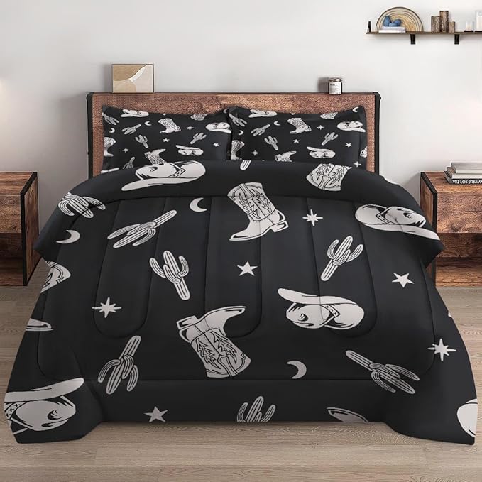 Comforter Set King Size, Western Cactus Cowboy Soft 3 Pcs Bedding for Kids and Adults, Boho Cowgirl American Comforter Set with Pillowcase, for Bedroom Bed Decor