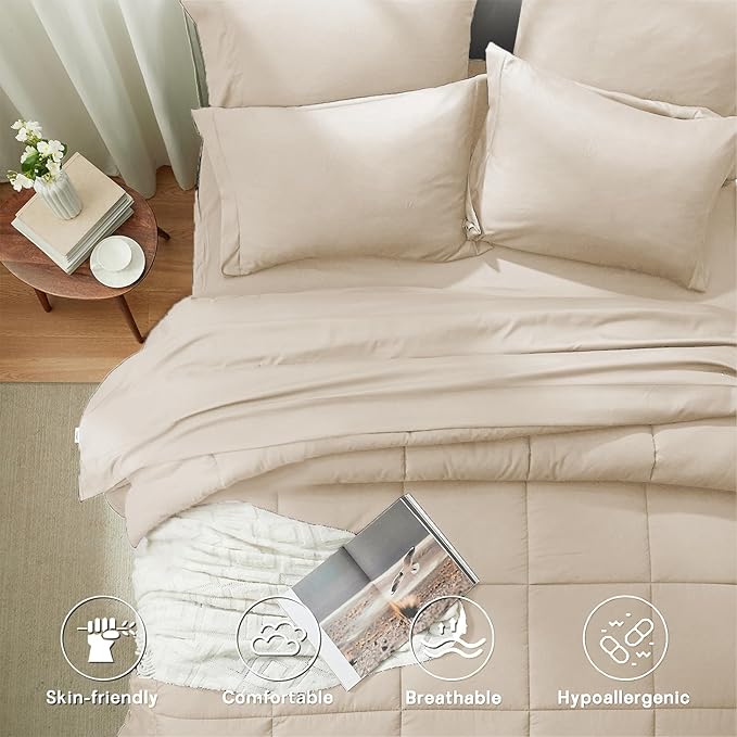 Anluoer Queen Comforter Set 7 Piece, Cream Bed in a Bag with Sheets, Comforters Queen Size Bedding Sets with 1 Comforter, 2 Pillow Shams, 2 Pillowcases, 1 Flat Sheet,1 Fitted Sheet