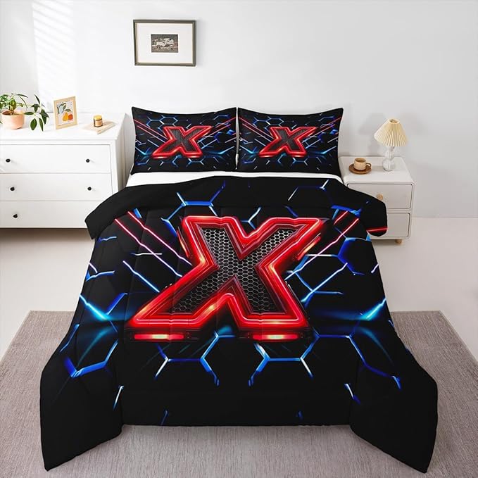 Manfei Geometric Honeycomb Kids Comforter Set Twin Size,Blue Neon Hexagon Abstract Bedding Set for Boys Girls Man Room Decor,Light Gaming Fashion Down Comforter,Red Black Duvet Insert,1 Pillowcase