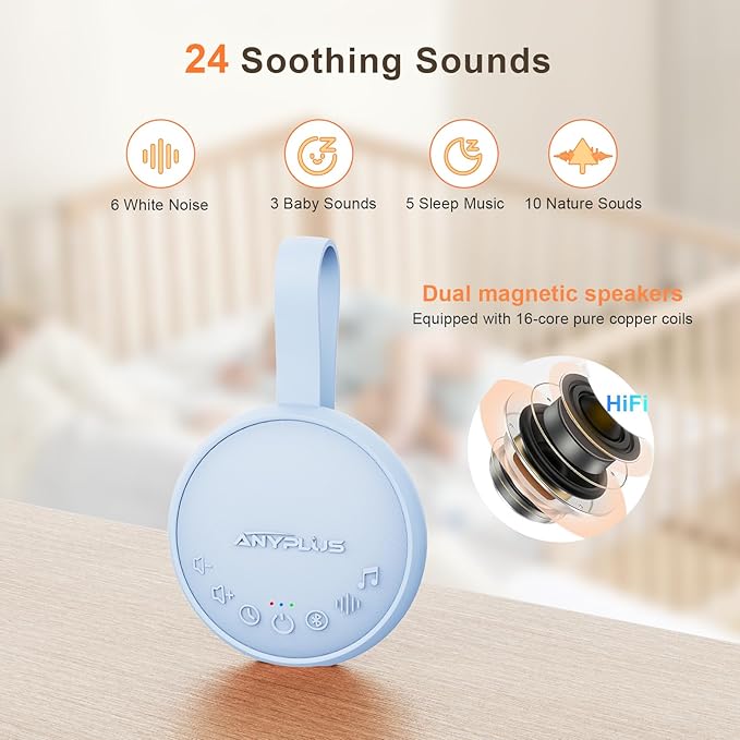 White Noise Sound Machine for Sleeping Adults & Baby, Portable Noise Machine with 24 Soothing Sounds, Bluetooth 5.1, Battery Powered, 3 Timer Settings, Memory Function for Home, Office, Travel (Blue)