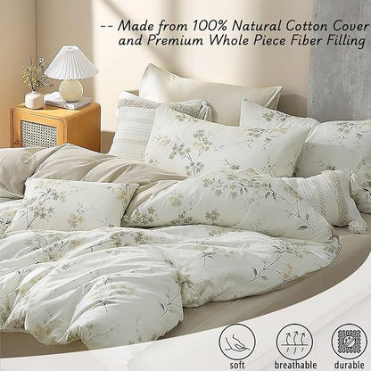 Floral Cotton Comforter King Size - Cream Comforter with Luxrious Grey Branches & Subtle Beige Blossoms,Reversible Lightweight Bedding Sets 3Pcs(104"×90")