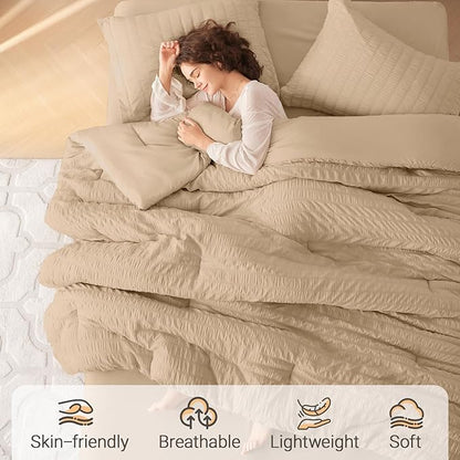 MUXHOMO 7 Pieces Queen Comforter Set, Seersucker Bed in a Bag Queen Size, All Season Luxury Bedding Set with Comforter, Flat Sheet, Fitted Sheet, Pillowcases & Shams, Khaki