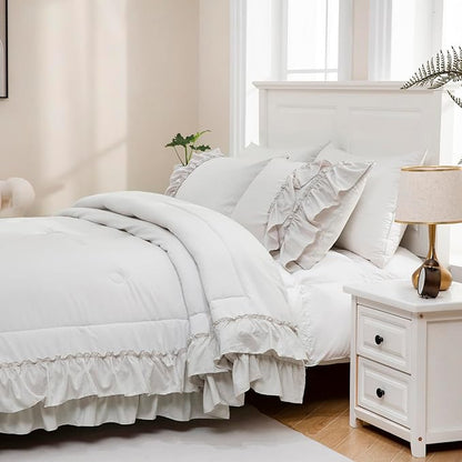 Beige Comfrter Set Queen Size Boho Bedding Comforter Shabby Chic 2 Layers Ruffles Home Decor Farmhouse Bedding Bohemian Bed Comforter