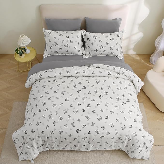 7 Pieces Black Butterfly Comforter Set for Girls Kids Soft Fluffy Bedding Set Twin Size Bed in A Bag as Gifts (1 Comforter, 1 Flat Sheet, 1 Fitted Sheet, 2 Pillowcase and 2 Pillow Sham)