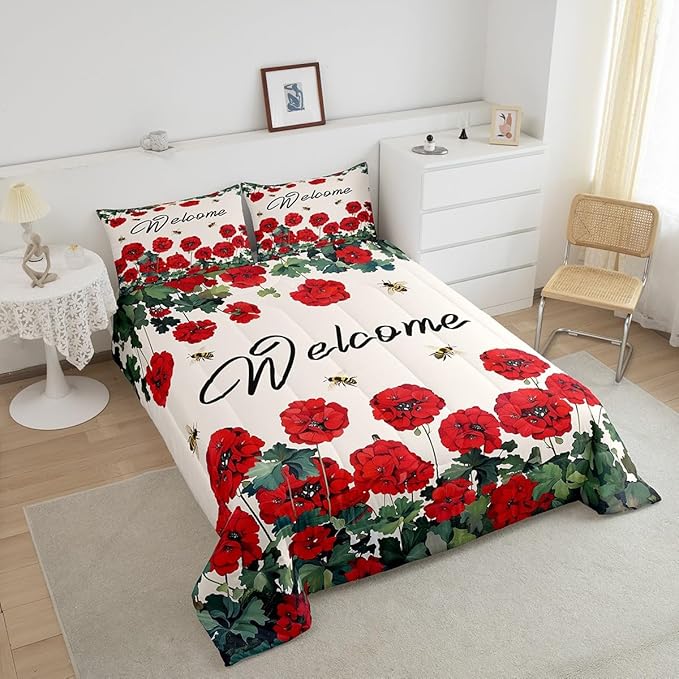 Erosebridal Red Farmhouse Flower Bedding Sets Twin Spring Bee Geranium Down Comforter Rustic Blossom Floral Comforter Set for Kids Girls Adults Women,Green Leaf Bed Set Country Garden Style Decor