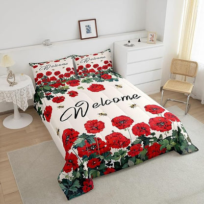Erosebridal Red Farmhouse Flower Bedding Sets King Spring Bee Geranium Down Comforter Rustic Blossom Floral Comforter Set for Kids Girls Adults Women,Green Leaf Bed Set Country Garden Style Decor