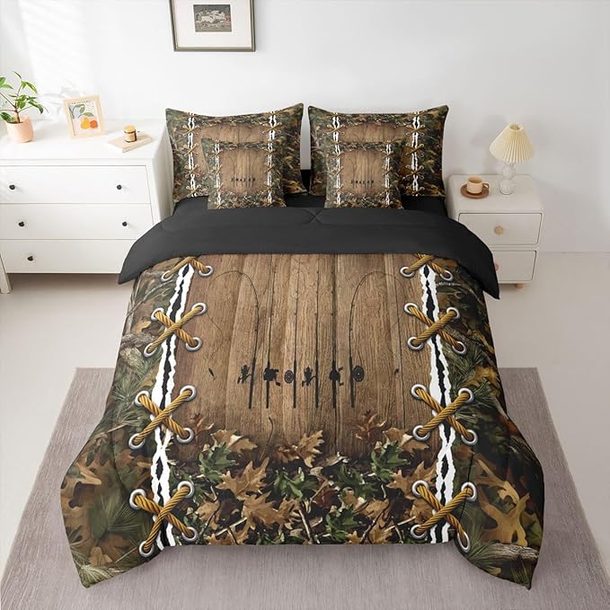 Camo Rustic Bed in a Bag King Size Comforter Set 7 Pieces | Fishing Rod Bedding Sets Mens Cabin Hunting Comforter and Sheet Set, Woodland Animals Farmhouse Bed Sets,Country Decor Camo Bed Set