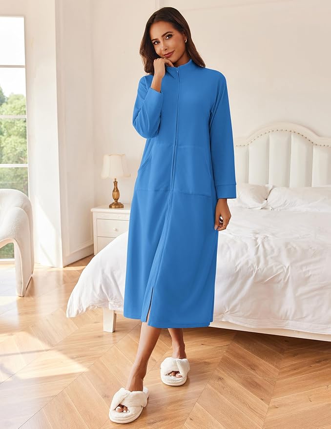 Ekouaer Women Zipper Robe Long Sleeves House Coat Soft Bathrobe Sleepwear with Pockets Housecoat Loungewear
