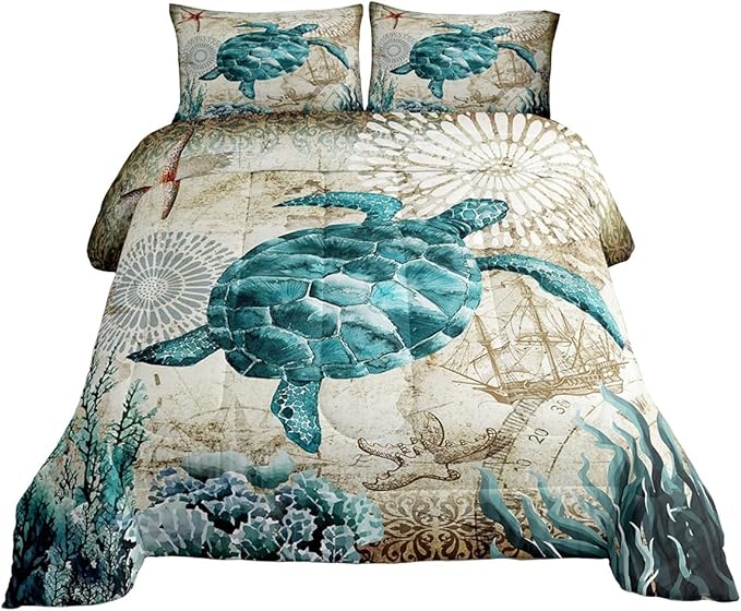 Erosebridal Turtle Bedding Teal Turtle Comforter Set Turquoise Ocean Themed Mediterranean Style Printed Design Ocean Turtle Down Comforter Quilted Duvet Set Full Size 1 Comforter 2 Pillowcases