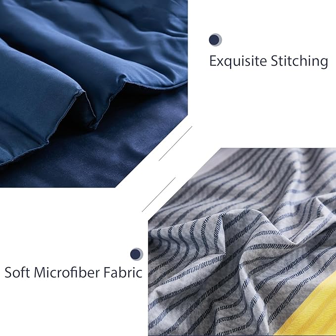 WONGS BEDDING Comforter Set Queen, Reversible Blue Striped Patchwork Down Alternative Comforter for Queen Bed,3 Pieces (1 Comforter+2 Pillowcases), Soft Microfiber Bedding Duvet Insert Set 90"×90"