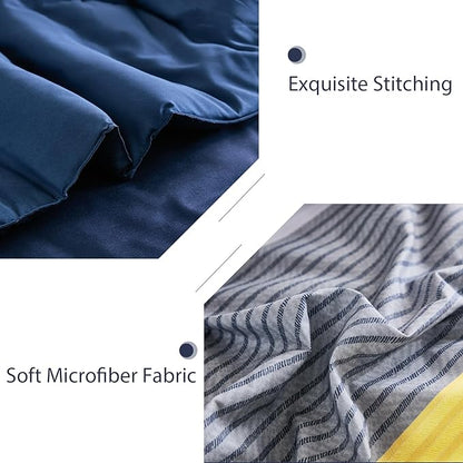 WONGS BEDDING Comforter Set Queen, Reversible Blue Striped Patchwork Down Alternative Comforter for Queen Bed,3 Pieces (1 Comforter+2 Pillowcases), Soft Microfiber Bedding Duvet Insert Set 90"×90"