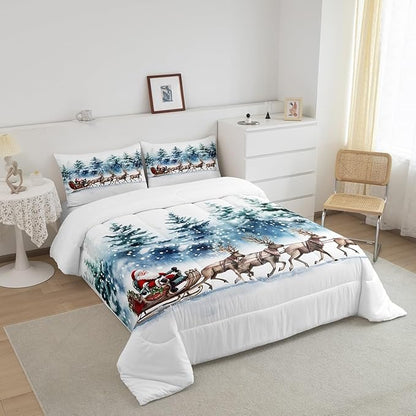 Santa Claus Comforter Set Queen Size,Elk Sledge Bedding Set 3Pcs for Kids Boys Girls Teens Room Decor,Pine Tree Jungle Quilt Set Winter Snowflake Blue White Duvet Insert,2 Pillowcases