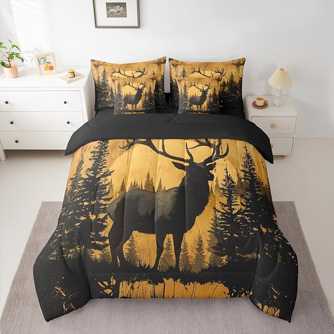 Erosebridal King Size Rustic Cabin Lodge Comforter Set with Sheets 7 Pcs | Hunting Deer Bedding Set for Kids Boys Teens Adults Rural Country Cute Deer Bed Sets Woodland Farmhouse Animal Quilt Sets