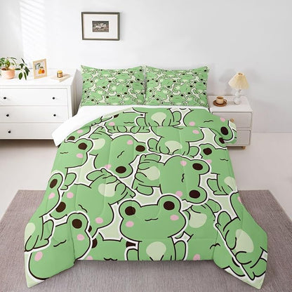 Cute Frog Comforter Set King Size, Kawaii Frog Bedding Set For Kids Boys Girls Teens, Green Wild Animals Farmhouse Down Comforter, Wildlife Rustic Funny 3Pcs Quilted Duvet All Season Bedroom Decor