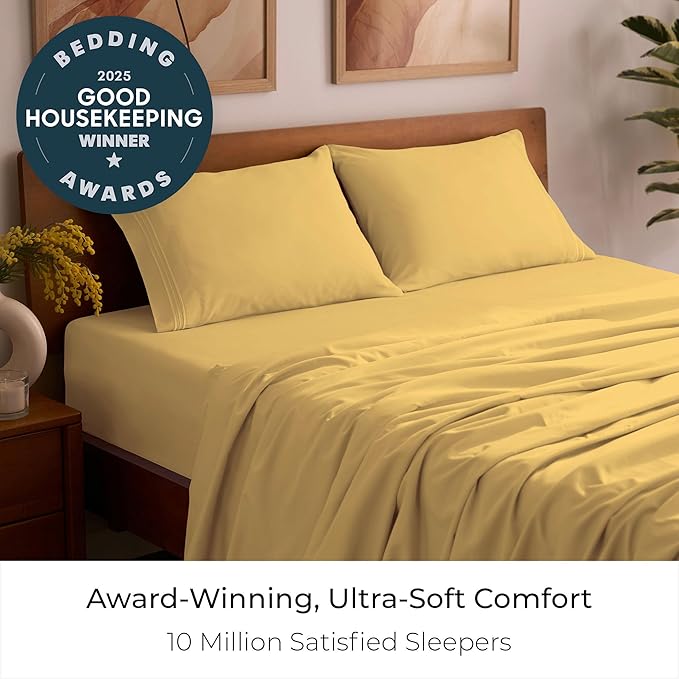 Mellanni Queen Sheets Set - 4 PC Iconic Collection Bedding - Hotel Luxury, Extra Soft, Cooling Bed Sheets - Wrinkle, Fade, Stain Resistant (Queen, Yellow)