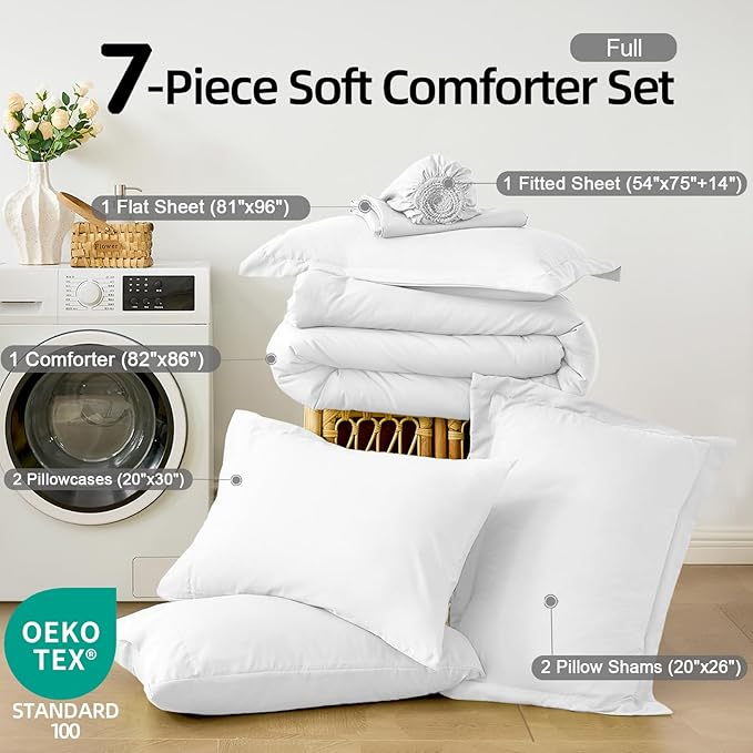 FUANNA Full Size Comforter Sets White, 7 Pieces Soft Bed in a Bag Full, All Season Lightweight Bed Sets with Comforter, Flat Sheet, Fitted Sheet, Pillowcases & Shams