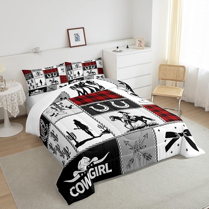 Western Cowgirl Kid Comforter Set Twin Size,Cactus Horseshoe Cow Skull Geometric Patchwork Bedding Set,Girls Women Room Decor,Bowknot Arrow Boho Down Comforter,Red Xmas Duvet Insert,1 Pillowcase