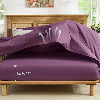 WONGS BEDDING Queen Comforter Set 7 Piece, Purple Floral Bed in a Bag Bedding Set with Botanical Flowers Patterns, Soft Lightweight Complete Comforters with Sheets for All Season