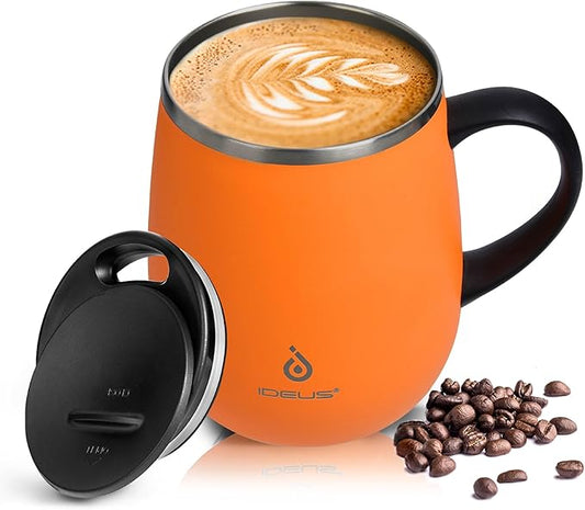 Ideus 16 oz Insulated Coffee Mug with Handle and Lid, Double Wall Stainless Steel Vacuum Thermal Coffee Mug, Travel Coffee Cup Thermal Cup for Home and Office, Orange Tiger