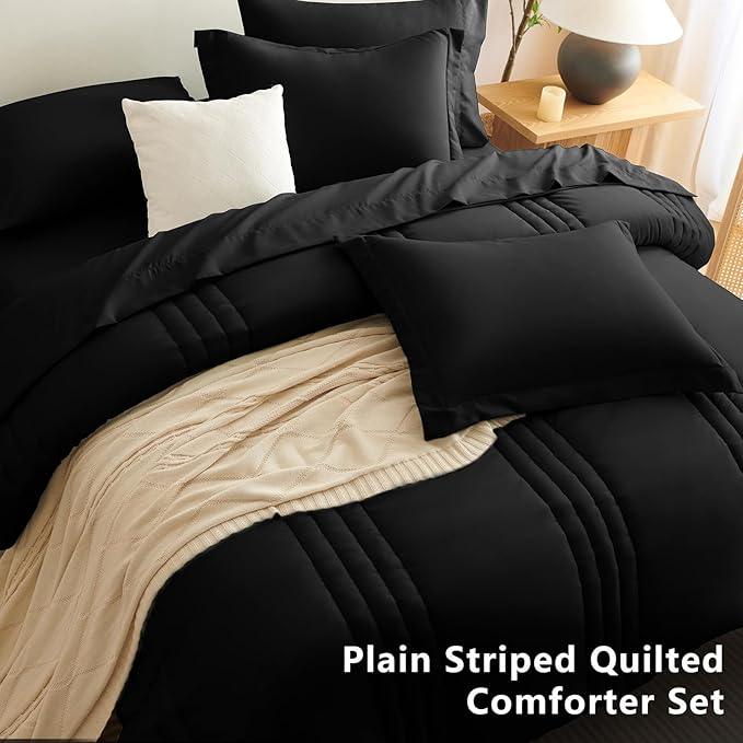 CozyLux Oversized Queen Comforter Set - 7 Pieces Bed in a Bag Black Comforter Set with Sheets All Seasons Bed Set, Soft Bedding Set with Down Alternative Comforter, Sheets, Pillowcases & Shams