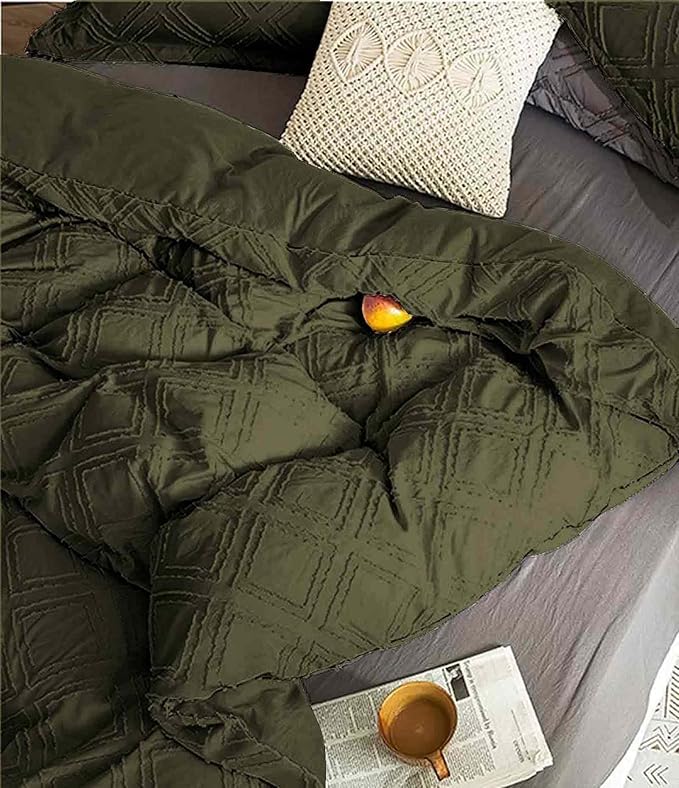 Nanko Queen Size Comforter Set Olive Green Tufted Jacquard Boho Geometry Soft Shabby Chic Down Alternative Microfiber Bedding - All Season Duvet Modern Farmhouse Bed Set Women Men 90x90 3pc Dark Green