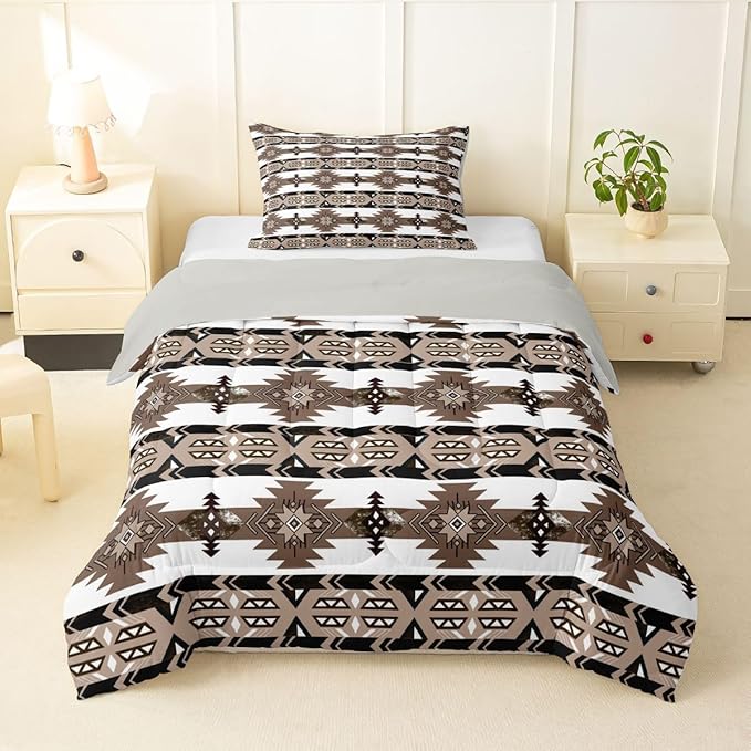 Erosebridal Southwestern Comforter Set Twin Bohemian Geometric Quilt, Ethnic Tribal Arrow Bedding Set Western Duvet Insert, Country Room Decor for Bedroom Brown