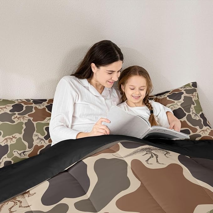 Erosebridal Camo Dino Comforter Set Toddler Size Army Camouflage Bedding Set for Kids Boys Girls Dinosaur Skeleton Farmhouse Green Comforter Boys Vintage Hunting Theme Quilt Bedroom Decor