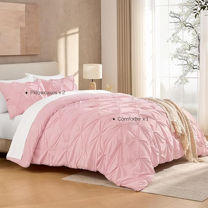 Andency California King Comforter Set Pink (104x96Inch), Pinch Pleat Cal King Comforter Set 3 Pieces, Oversized King Pintuck Bed Comforter, Microfiber Down Alternative Comforter Bedding Set