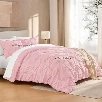 Andency Pink Comforter Set Queen(90x90Inch), 3 Pieces Soft Lightweight Cute Pinch Pleat Comforter Set for Queen Bed, All Season Western Warm Bed Set for Girls Women