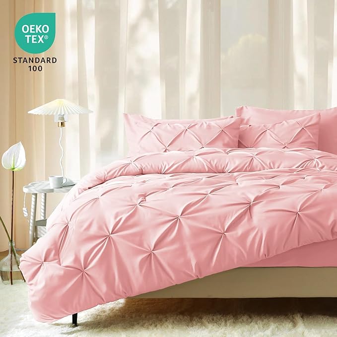 JOLLYVOGUE Twin XL Comforter Set 5 Pieces - Bed in a Bag Twin XL for All Season, Pintuck Bedding Comforter Sets with Comforter, Flat Sheet, Fitted Sheet and Pillowcases & Shams, Pink