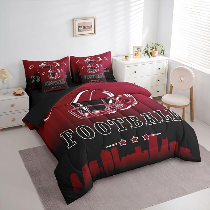 Erosebridal Football City 7 Piece Bedding Set Full American Soccer Comforter Set with Sheets for Kids Boys Teen Adults,Sports Rugby Bed in A Bag Ball Competitive Games Bed Set,Brown Black