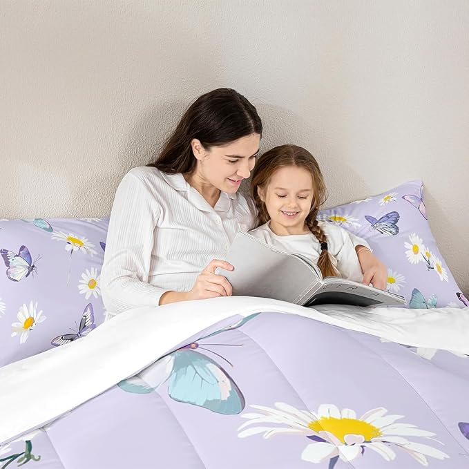 Manfei Purple Comforter Set King Size, Daisy Flower Butterfly Bedding Set 3pcs for Kids Boy Girls Room Decor, Botanical Garden Artwork Quilt Set Soft Polyester Duvet Set with 2 Pillowcases