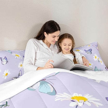 Manfei Purple Comforter Set King Size, Daisy Flower Butterfly Bedding Set 3pcs for Kids Boy Girls Room Decor, Botanical Garden Artwork Quilt Set Soft Polyester Duvet Set with 2 Pillowcases